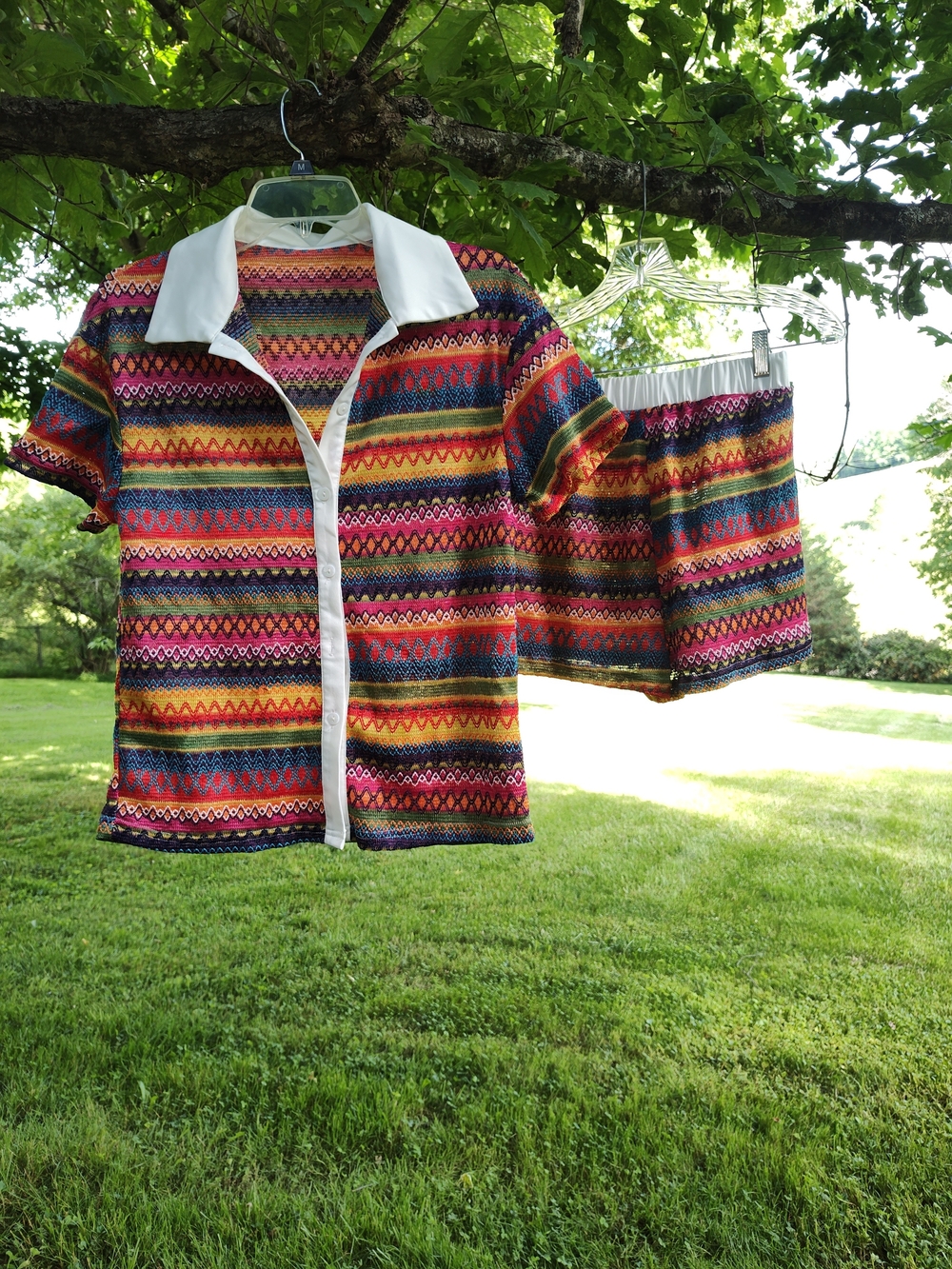 Multicolor Rainbow Striped Crochet Look Short Sleeve Shirt and Shorts Set